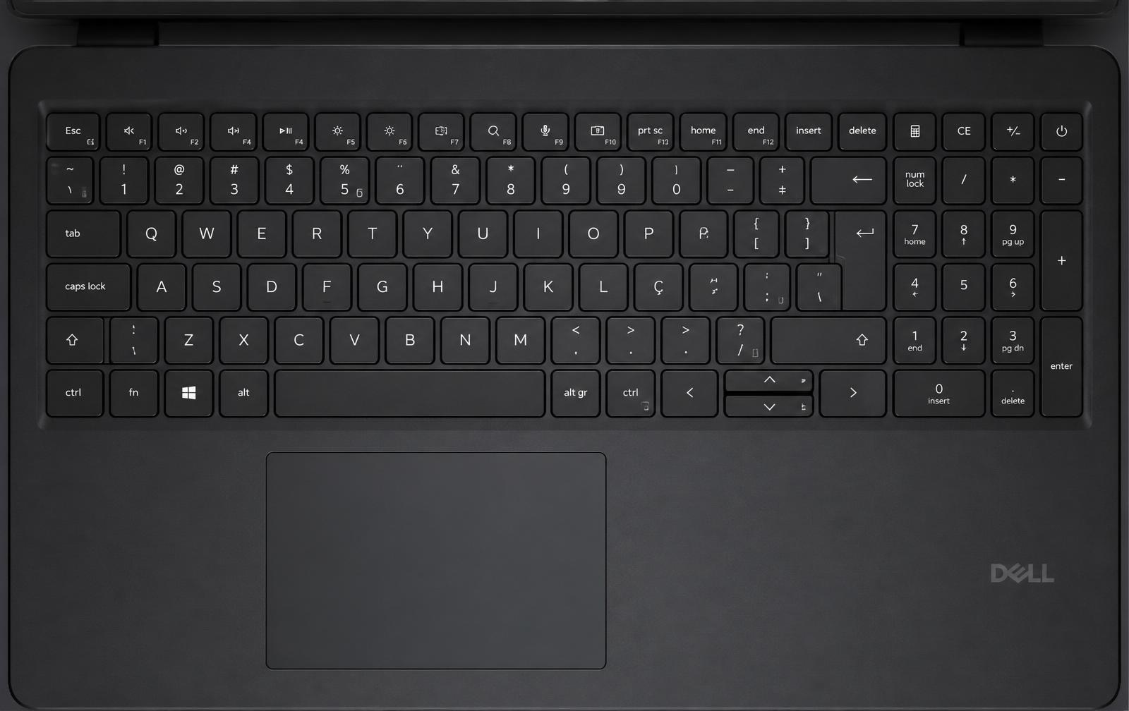 Teclado ABNT2 do Dell 15 com bloco numérico dedicado e touchpad amplo